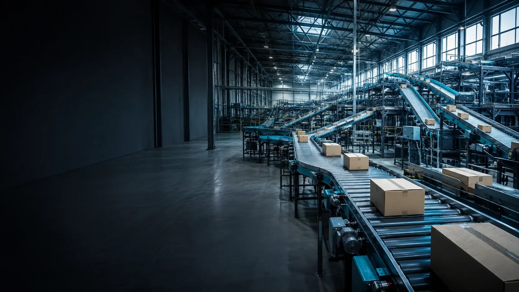 Illustrative warehouse conveyor system carrying cartons towards dispatch
