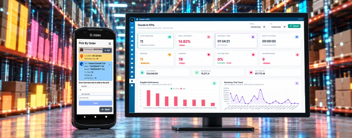 Illustrative K-Store V6 device mock-up; screen data is not project performance data