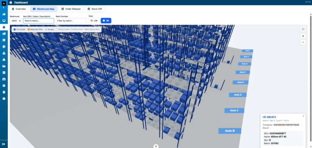 K-Store Virtual Warehouse 3D map showing racking, occupied and empty locations, and selected stock details