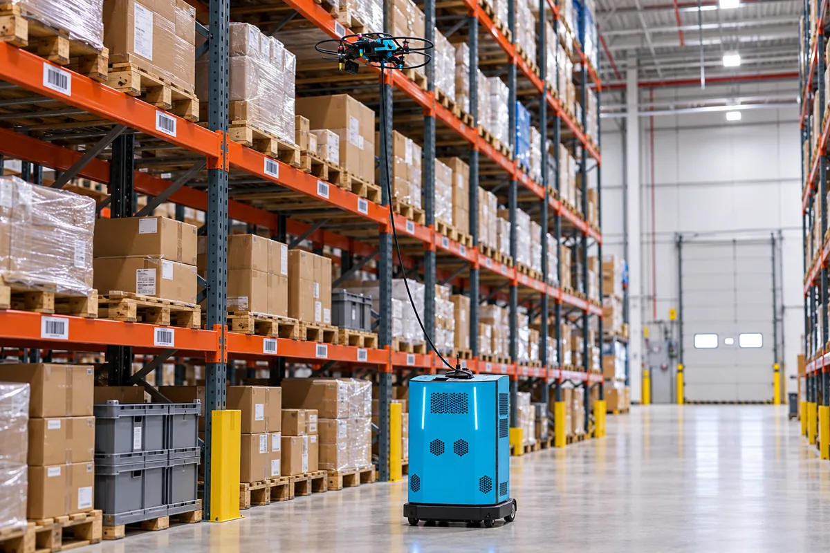 Concept illustration of a tethered inventory drone scanning a pallet barcode above an autonomous mobile robot