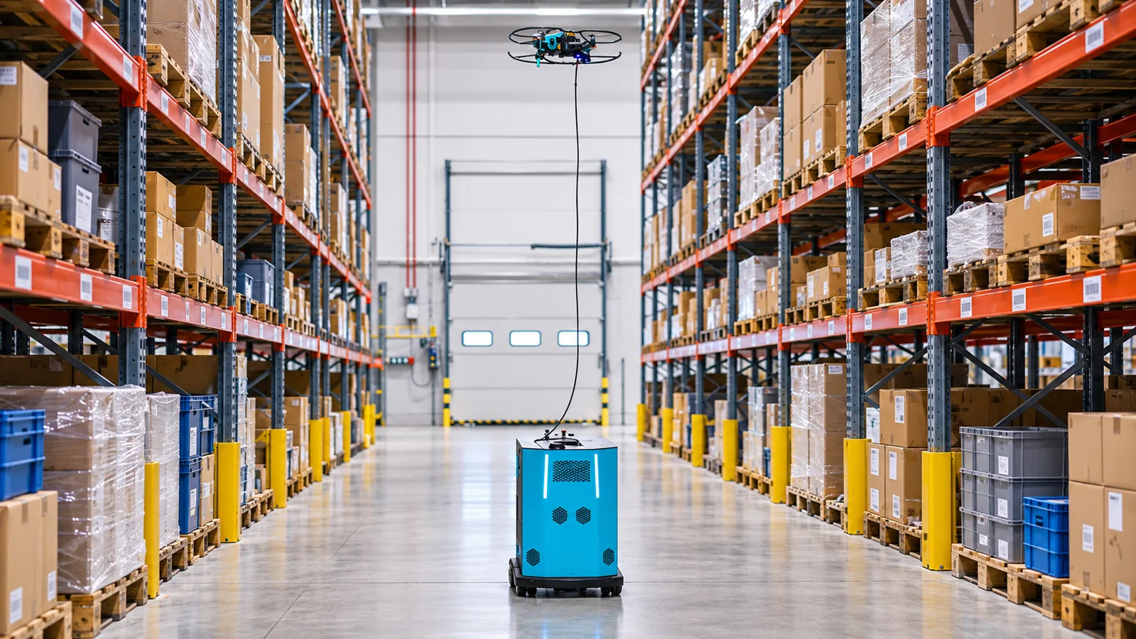 Concept illustration of a warehouse stock-checking drone tethered to an AMR beside pallet racking